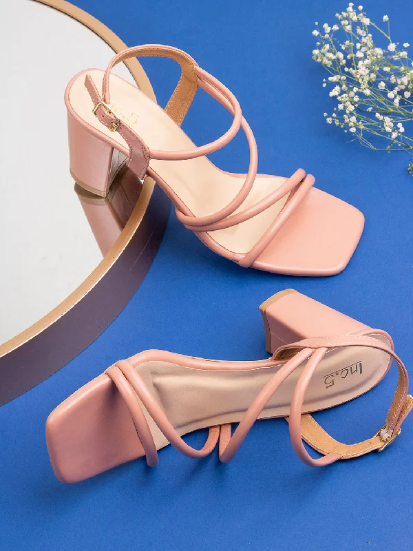 Shock - Absorbing Women's Sandals with a Soft Insole in Black for Active LifestylesWomens Peach Striped Square Toe Party Wear Block Heel Sandals