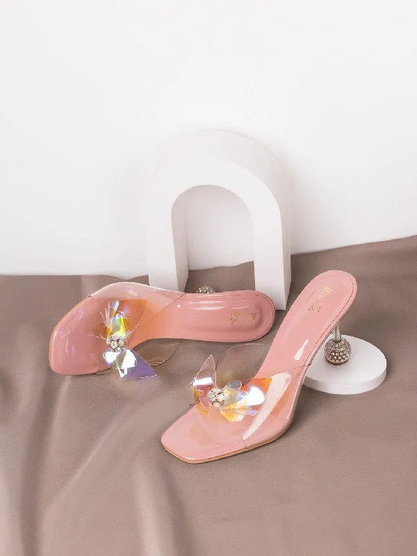 Women's Sandals with a Glitter - Coated Strap in Gold for a Sparkly Summer OutfitWomens Peach Transparent Square Toe Party Wear Block Heel Sandals