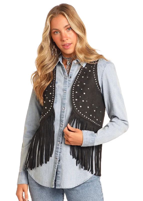 Studded Fringe Vest - Black