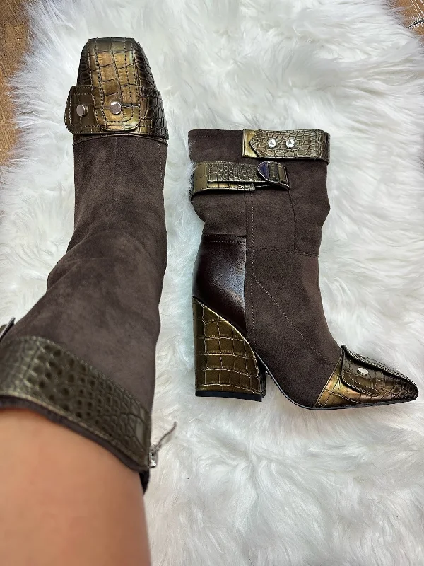 women's booties for fashionALLONA Brown Faux Suede Embossed Wedge Bootie