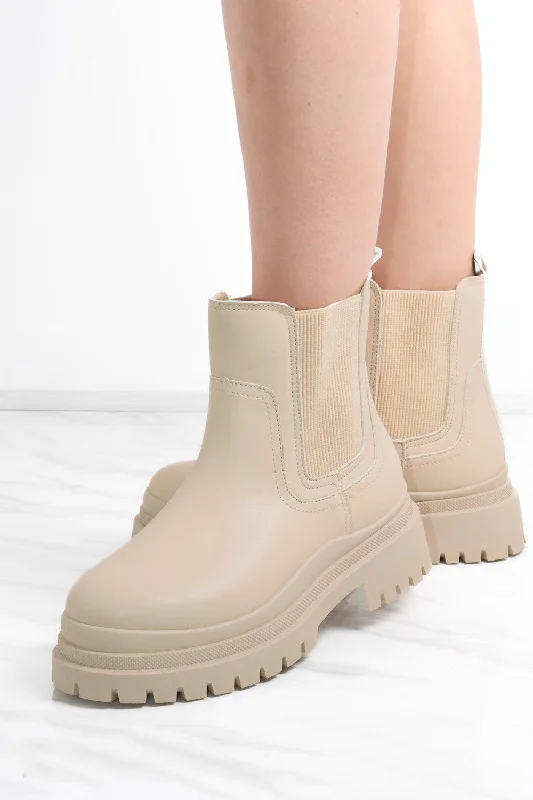 women's ankle boots with embroideryBeige Ankle Short Chelsea Platform Boots