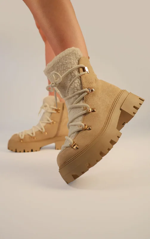 women's ankle boots with embroideryBeige Faux Suede Lace Up Chunky Snow Style Boots