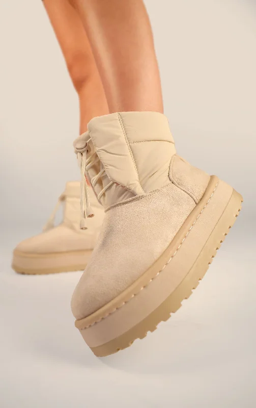 women's ankle boots for wide calvesBeige Faux Suede Platform Lace Up Ankle Boots