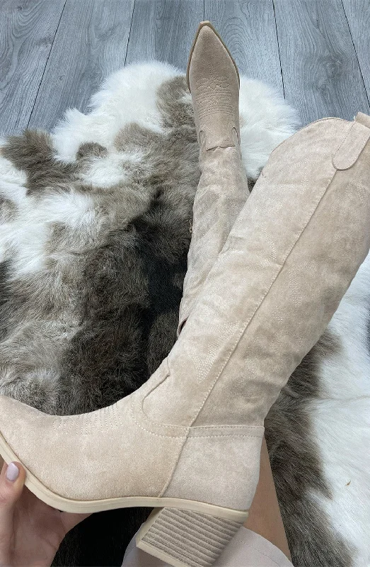 women's ankle boots with floral designBeige Knee High Embroidery Faux Suede Cowboy Boot