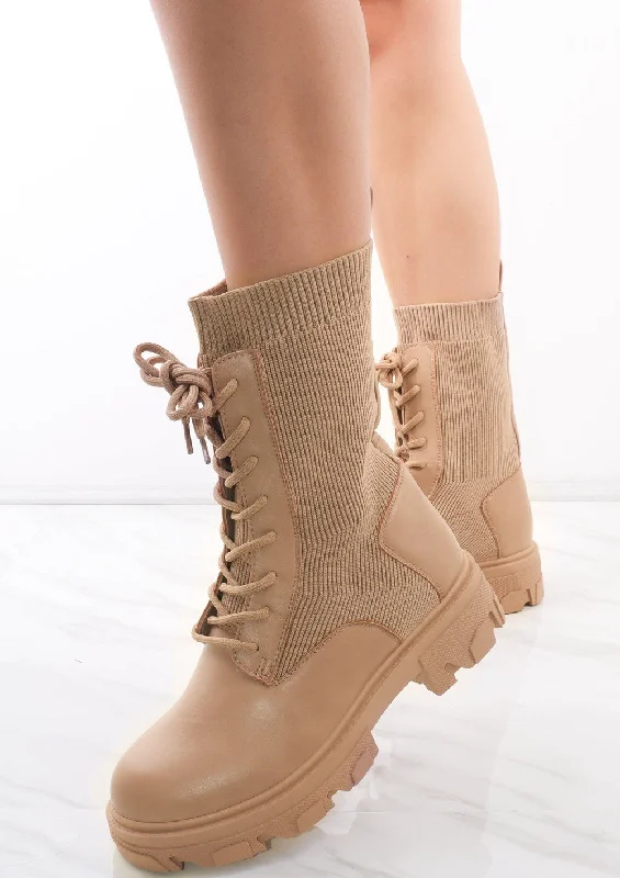 women's ankle boots with embroideryBeige Lace Up Faux Leather Sock Boots