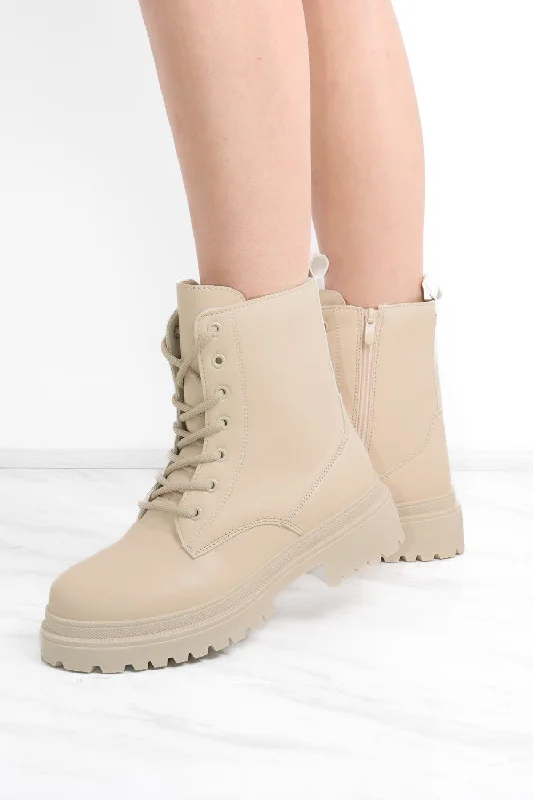 women's waterproof ankle bootsBeige Matte Faux Leather Side Zip Lace Up Boot
