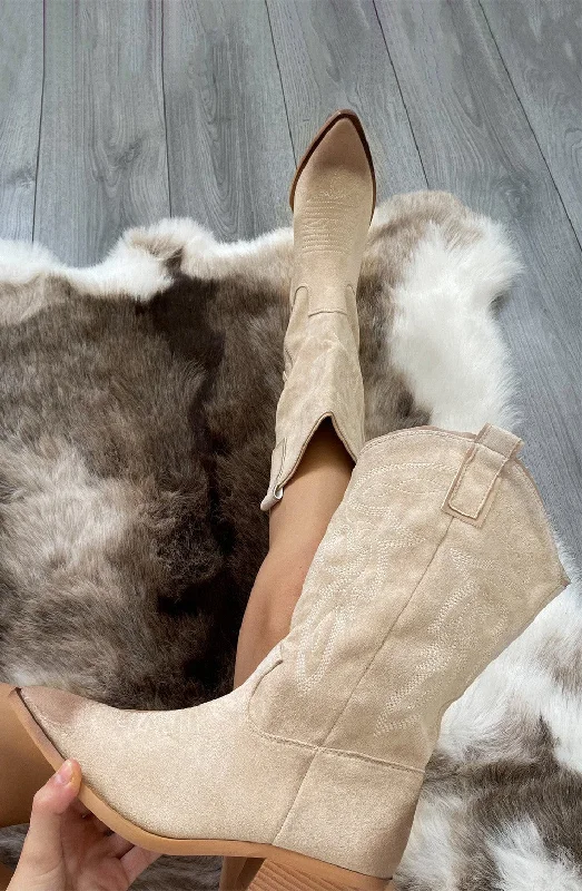 women's ankle boots with hidden wedgeBeige Mid Calf Embroidery Faux Suede Cowboy Boot
