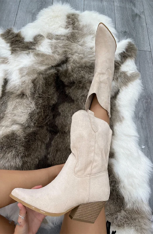 women's ankle boots for dancingBeige Mid Calf High Classic Cowboy Boot