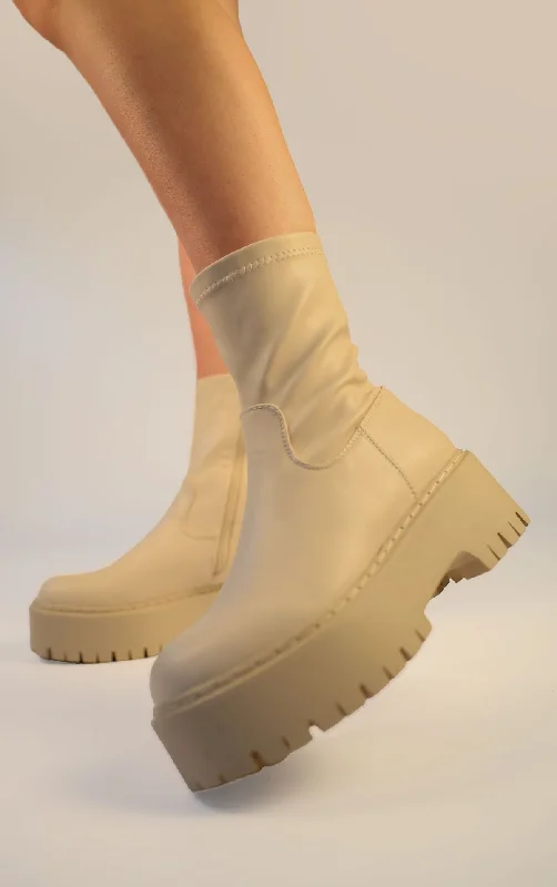 women's flat ankle bootsBeige PU Leather Chunky Ankle Boots