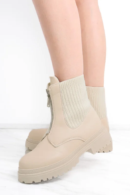women's ankle boots with bow detailsBeige Zip Front Faux Leather Chunky Ribbed Ankle Boot women's ankle boots with bow detailsBeige Zip Front Faux Leather Chunky Ribbed Ankle Boot