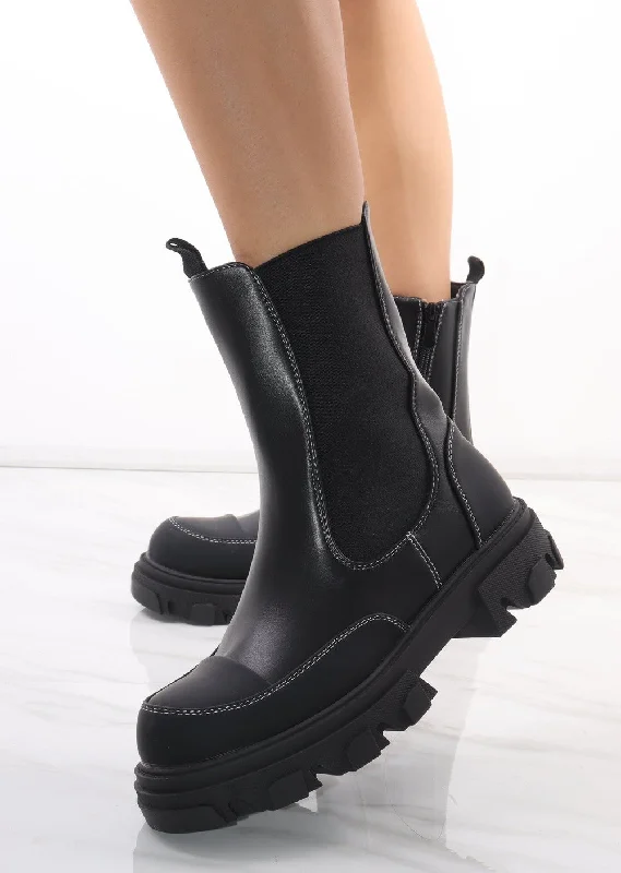 women's ankle boots with hidden wedgeBlack Calf Length Chunky Faux Leather Chelsea Boots women's ankle boots with hidden wedgeBlack Calf Length Chunky Faux Leather Chelsea Boots