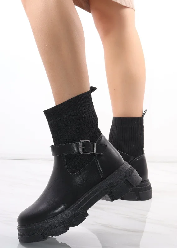 women's ankle boots with snakeskin printBlack Chunky Faux Leather Buckle Sock Boot