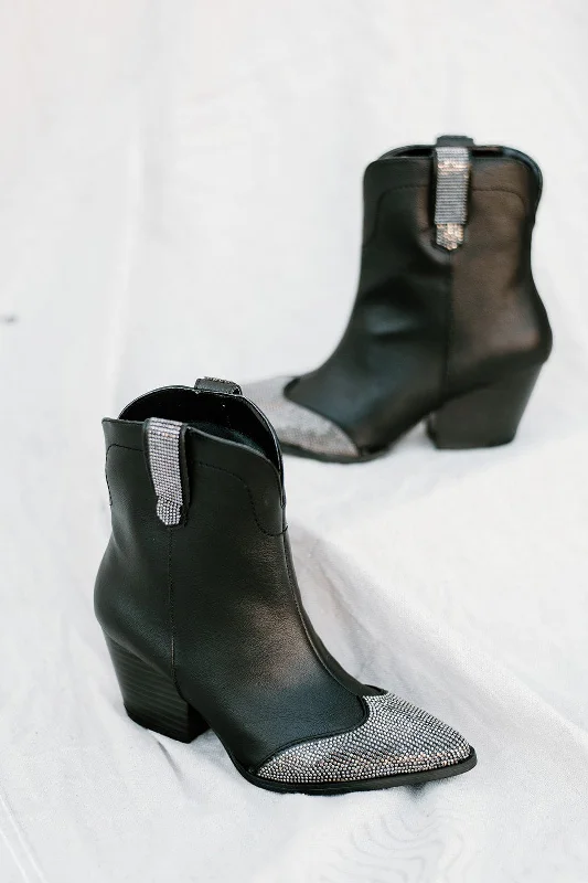 women's booties with embroideryBlack Embellished Western Bootie