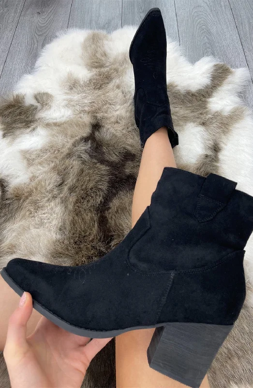 women's ankle boots with tasselBlack Faux Suede Heeled Ankle Boots
