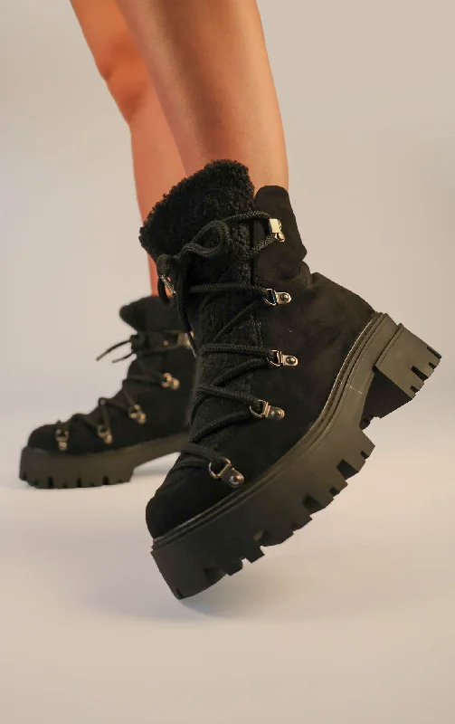 women's chelsea ankle bootsBlack Faux Suede Lace Up Chunky Snow Style Boots