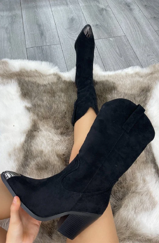women's ankle boots for fallBlack Faux Suede Mid Length Toe Cap Cowboy Boot