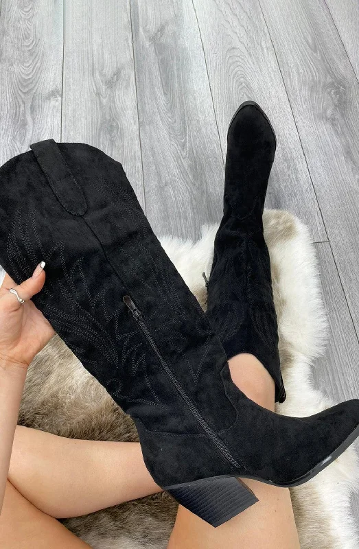 women's ankle boots for workBlack Knee High Embroidery Faux Suede Cowboy Boot