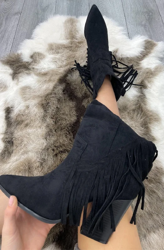 women's flat ankle bootsBlack Mid Western Faux Suede Fringe Cowboy Boot