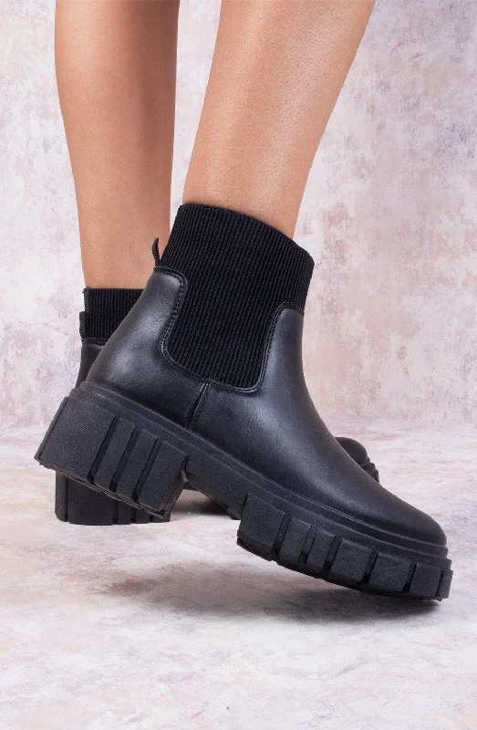 women's ankle boots with tasselBlack Platform Slip On Faux Leather Sock Boot