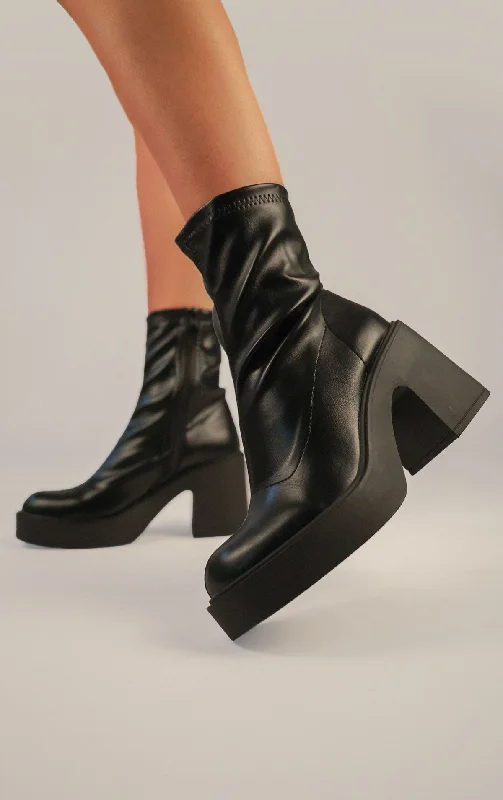 women's ankle boots with bow detailsBlack PU Leather Block Heel Sock Boot