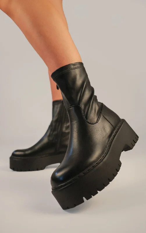 women's ankle boots with glitterBlack PU Leather Chunky Ankle Boots