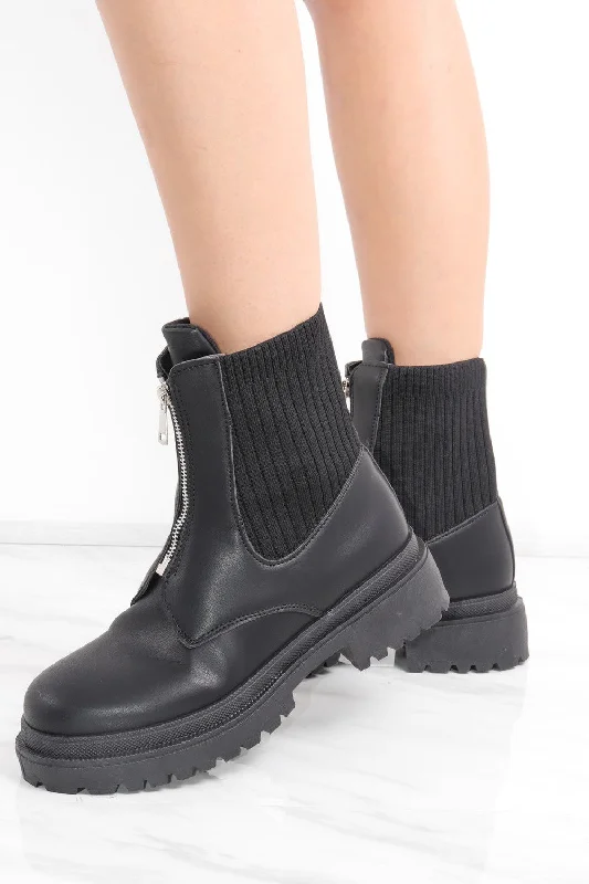 women's ankle boots for petite womenBlack Zip Front Faux Leather Chunky Ribbed Ankle Boot