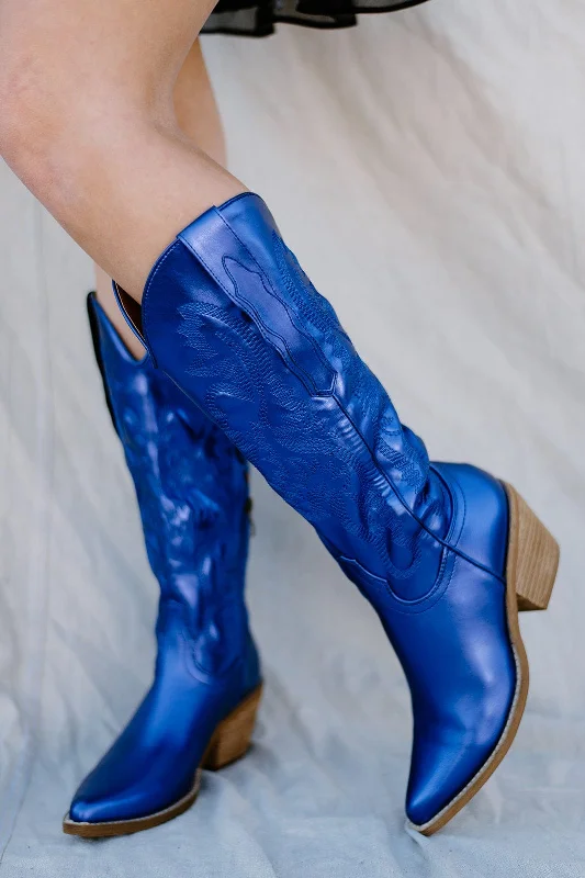 women's heeled bootiesBlue Iridescent Cowgirl Boots
