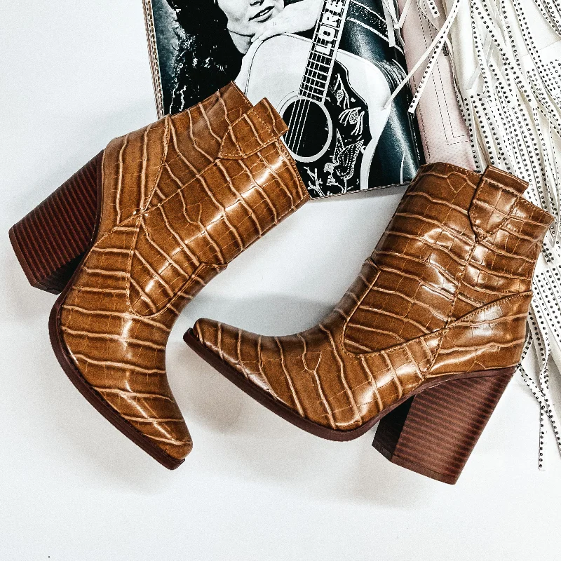 women's ankle boots with velvetBroadway Strut Crocodile Print Heeled Ankle Booties in Caramel Brown women's ankle boots with velvetBroadway Strut Crocodile Print Heeled Ankle Booties in Caramel Brown