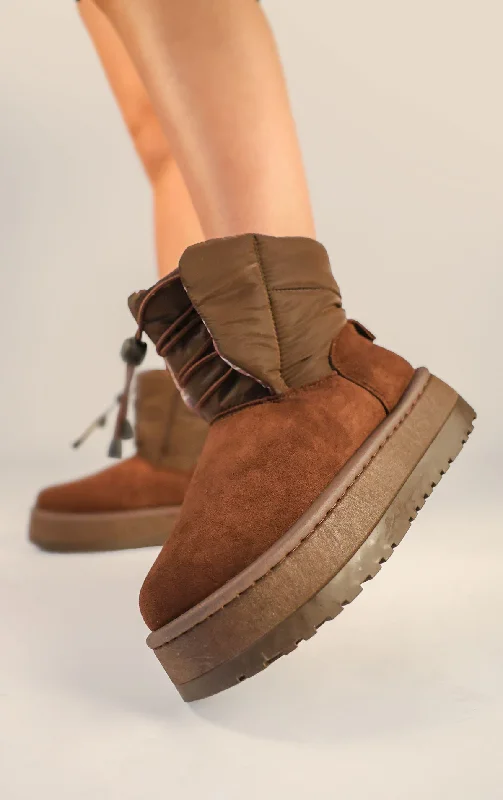 women's ankle boots for workBrown Faux Suede Platform Lace Up Ankle Boots