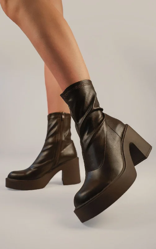 women's chelsea ankle bootsBrown PU Leather Block Heel Sock Boot