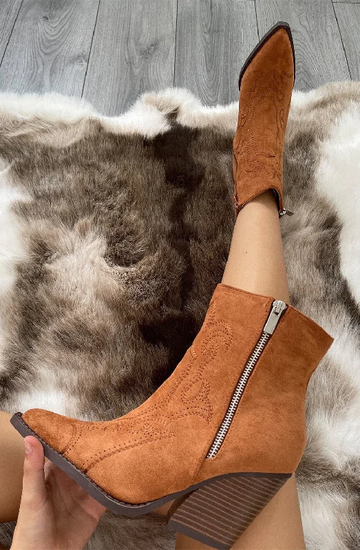 suede ankle boots for womenCamel Ankle Faux Suede Embroidered Cowboy Boot