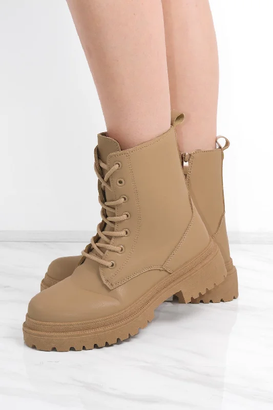 women's ankle boots with glitterCamel Matte Faux Leather Zip Lace Up Boot