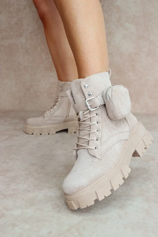women's ankle boots with cutoutsCIARA Beige Faux Suede Ankle Boot With Pocket Detail