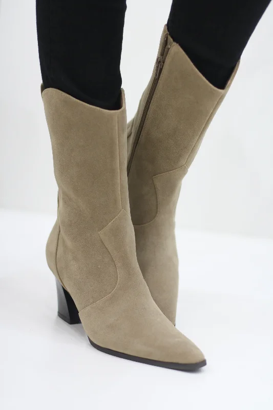 women's ankle boots for petite womenMENBUR 24598 BEIGE SUEDE HEELED COWBOY BOOT