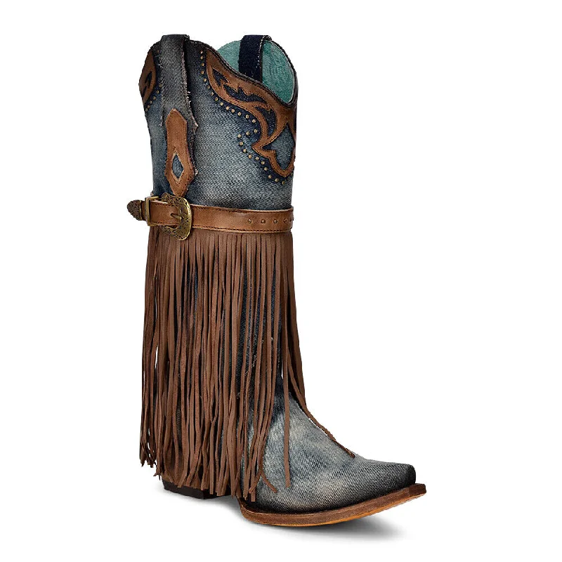 women's moto boots with platform solesCorral Ladies Blue Jean Denim Harness & Fringe Snip Toe Boots C3873 women's moto boots with platform solesCorral Ladies Blue Jean Denim Harness & Fringe Snip Toe Boots C3873