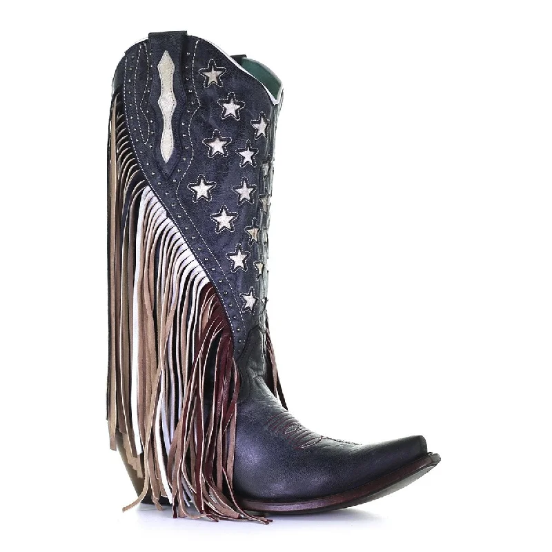 women's biker boots with harnessCorral Ladies Navy Blue Lamb Stars Inlay & Studs & Fringe Boots C3749 women's biker boots with harnessCorral Ladies Navy Blue Lamb Stars Inlay & Studs & Fringe Boots C3749