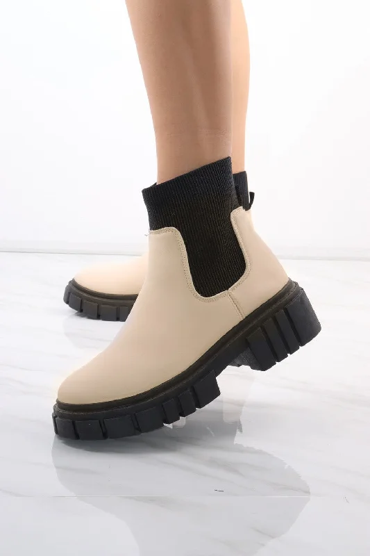 women's ankle boots for dancingCream/Black Platform Slip On Faux Leather Sock Boot
