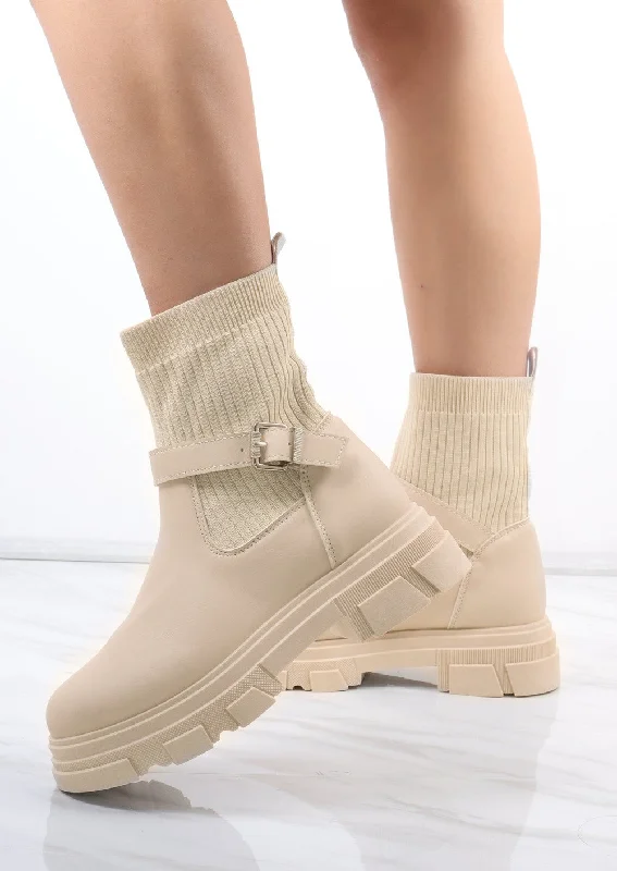 women's ankle boots with embroideryCream Chunky Faux Leather Buckle Sock Boot