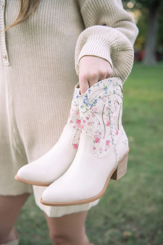women's booties with lacesCream Floral Combo Booties