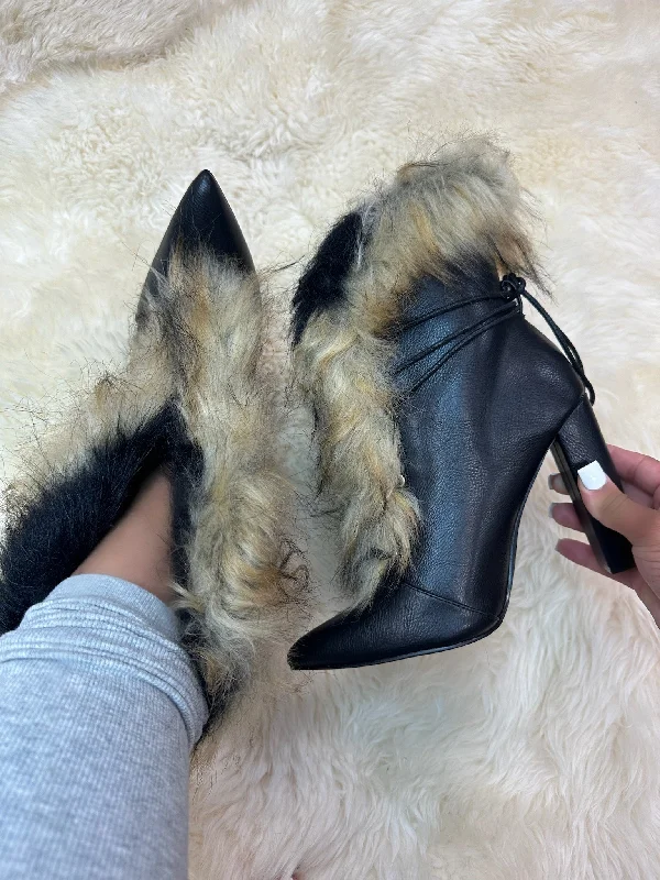 women's booties with snake printFANCY-2 Black Faux Leather and Faux Fur Bootie