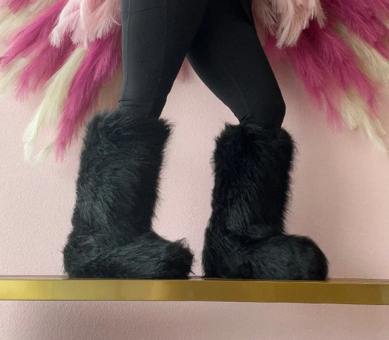 women's booties with snake printFONDA-5 Black Faux Fur Mid Calf Boot - Pull-On