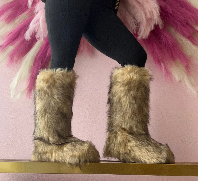 women's booties for workFONDA-5 Natural Tan Faux Fur Mid Calf Boot - Pull-On
