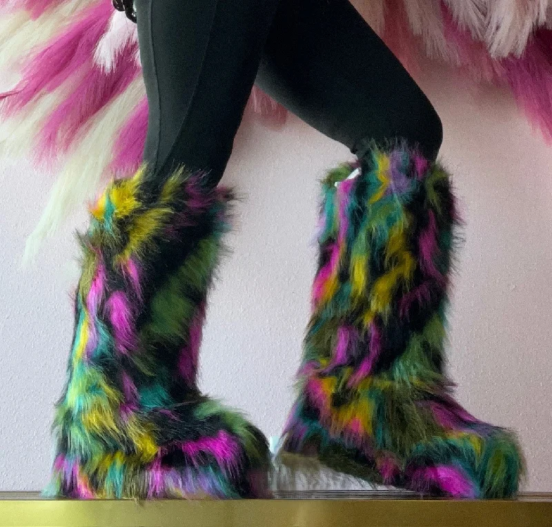 women's booties with bucklesFONDA-5 Rainbow Multi Faux Fur Boot - Pull-On