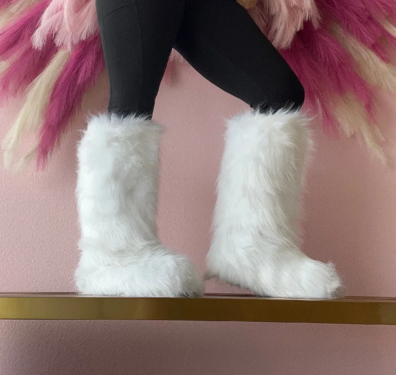 women's booties for fashionFONDA-5 White Faux Fur Mid Calf Boot - Pull-On