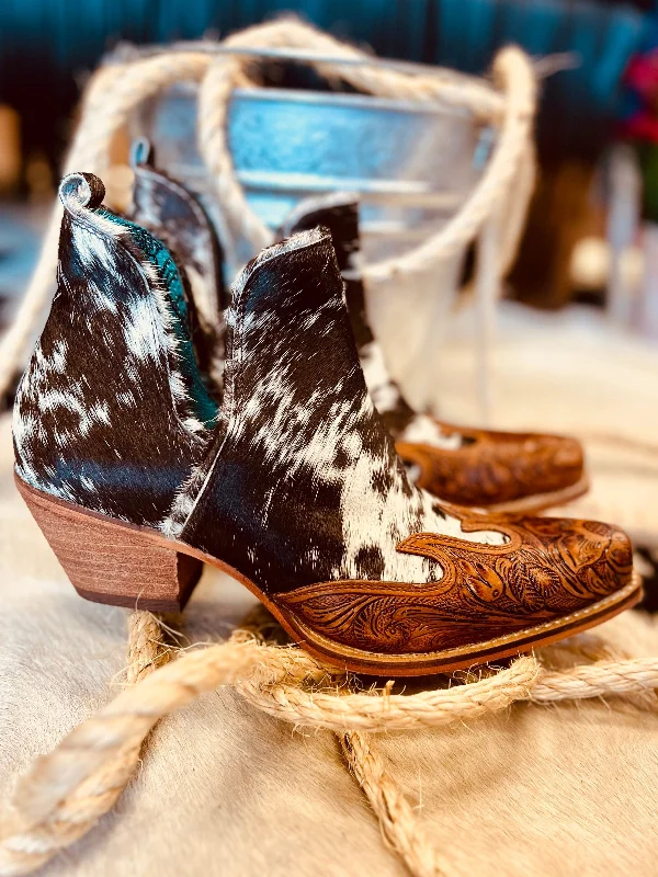 women's booties with pull-on tabsFrisco Blossom Hair On Hide Tooled Booties