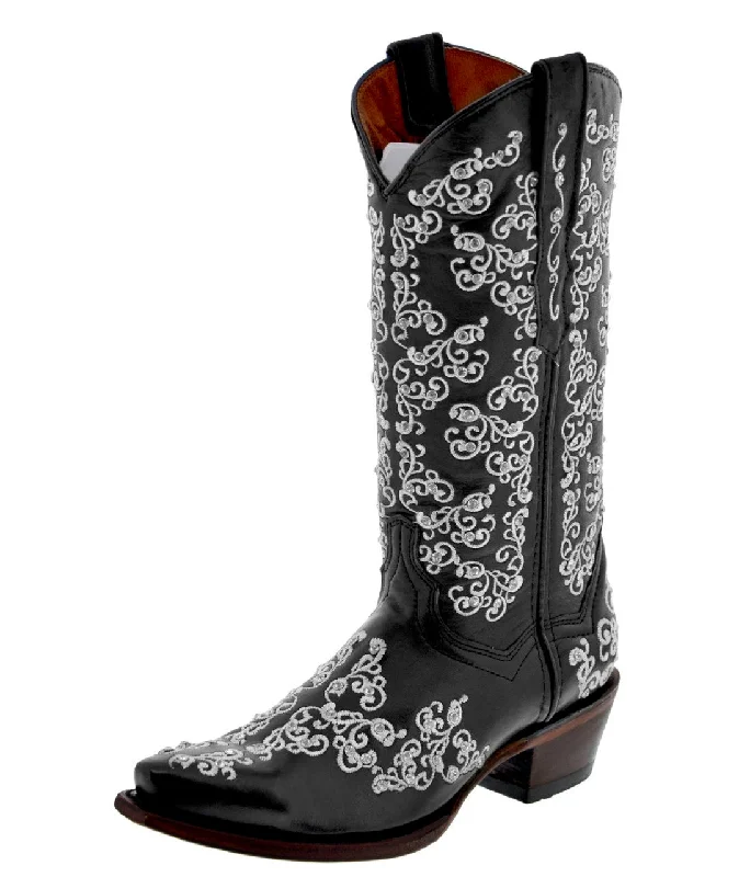 women's cowboy boots with metallic accentsWomens Cleo Black Leather Cowboy Boots Floral Embroidered - Snip Toe women's cowboy boots with metallic accentsWomens Cleo Black Leather Cowboy Boots Floral Embroidered - Snip Toe