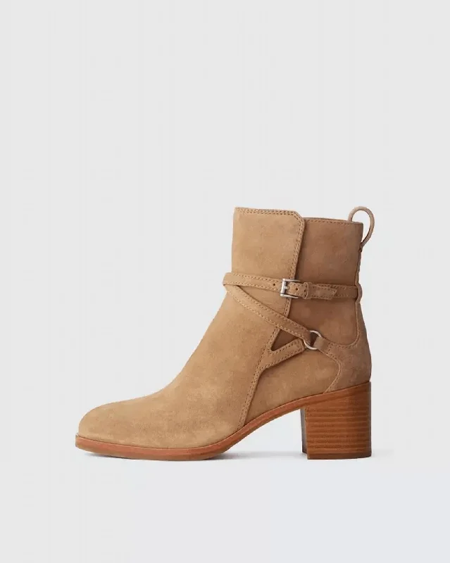 women's booties with peep toeHazel Buckle Boot In Camel Suede