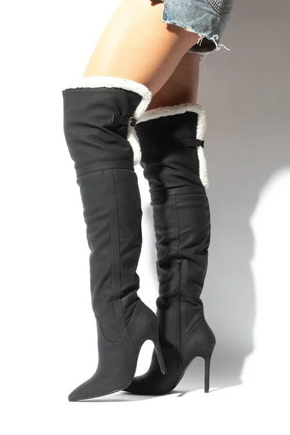 women's booties with pull-on tabsLOVE CIRCLE Black Faux Fur/Nubuck Thigh High Boot