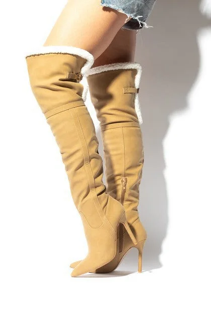 women's booties for springLOVE CIRCLE Taupe Faux Fur/Nubuck Thigh High Boot