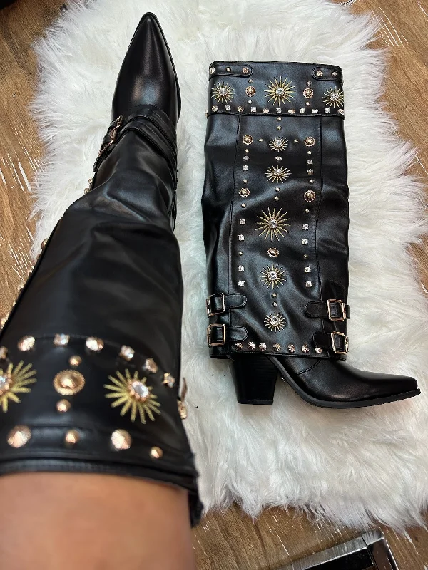 women's booties for eveningMAHMOUD Black Embellished Sleeve Cowboy Boot